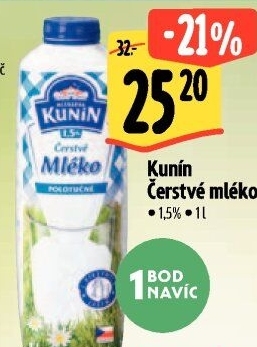 Mléko čerstvé Mlékárna Kunín - 1,5% polotučné