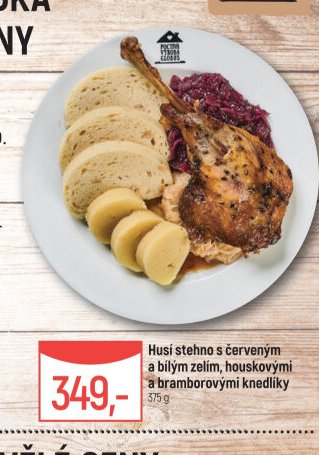 Husí stehno s červeným a bílým zelím, houskovými a bramborovými knedlíky