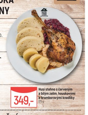 Husí stehno s červeným a bílým zelím, houskovými a bramborovými knedlíky