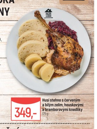 Husí stehno s červeným a bílým zelím, houskovými a bramborovými knedlíky