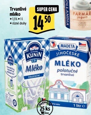 Mléko trvanlivé Mlékárna Kunín - 1,5% polotučné