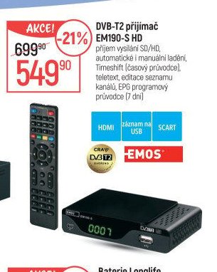 DVB-T2 přijímač EM190-S HD