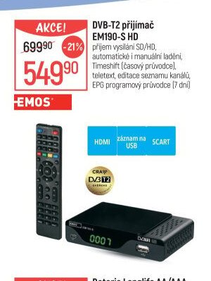 DVB-T2 přijímač EM190-S HD