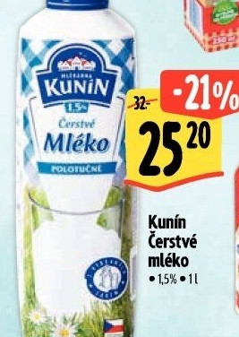 Mléko čerstvé Mlékárna Kunín - 1,5% polotučné