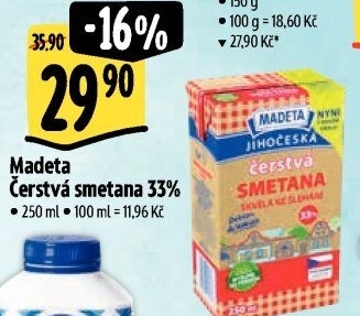 Smetana čerstvá ke šlehání Jihočeská Madeta 33%