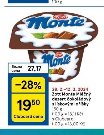 Zott Monte Mléčný dezert čokoládový s lískovými oříšky
