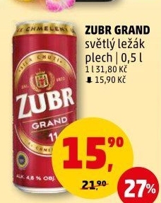 Pivo světlý ležák 11° Grand Pivovar Zubr