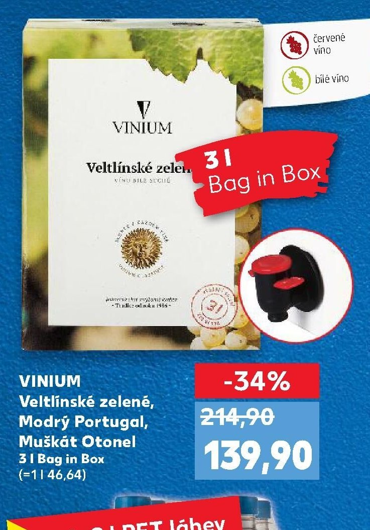 VINIUM Veltlínské zelené, Modrý Portugal, Muškát Otonel 3 l Bag in Box