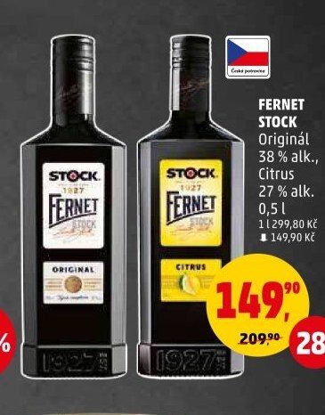 Fernet Stock Originál 38 % alk., Citrus 27 % alk. 0,5 l