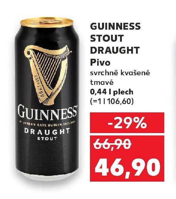 Guinness Stout Draught Pivo svrchně kvašené tmavé 0,44 l plech