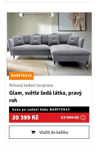 Rohová sedací souprava Glam, světle šedá látka, pravý roh - ASKO akcniletaky.com