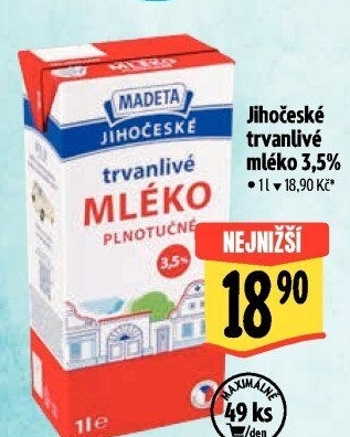 Mléko trvanlivé Jihočeské Madeta - 3,5% plnotučné