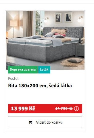 Postel Rita 180x200 cm, šedá látka - ASKO akcniletaky.com