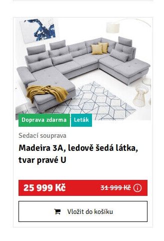 Sedací souprava Madeira 3A, ledově šedá látka, tvar pravé U - ASKO akcniletaky.com