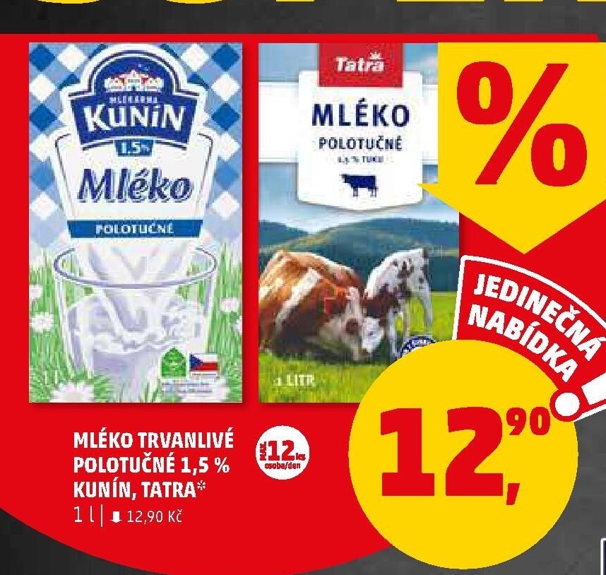 Mléko trvanlivé polotučné 1,5 % Kunín, Tatra