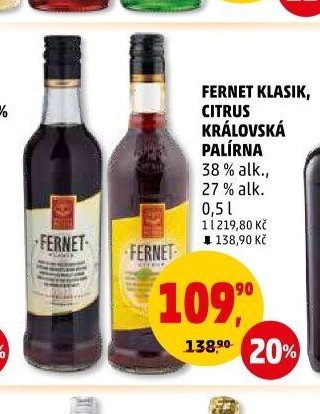 Fernet Klasik, Citrus, Královská palírna 38 % / 27 % alk.