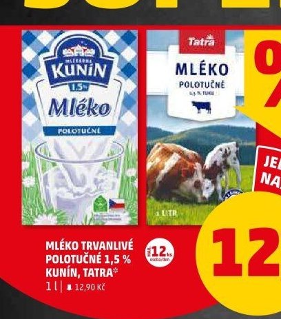 Mléko trvanlivé polotučné 1,5 % Kunín, Tatra