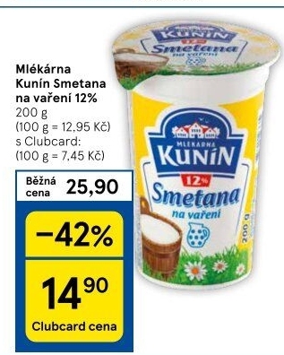 Smetana na vaření Mlékárna Kunín 12%