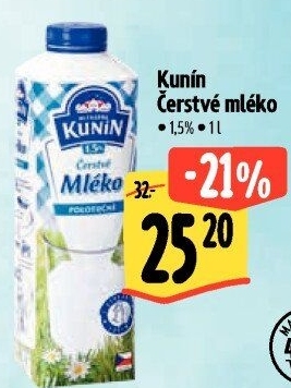 Mléko čerstvé Mlékárna Kunín - 1,5% polotučné