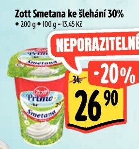 Smetana ke šlehání 30% Primo Zott