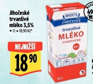 Mléko trvanlivé Jihočeské Madeta - 3,5% plnotučné