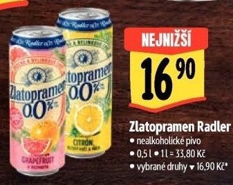 Nealkoholické pivo ochucené Radler Zlatopramen