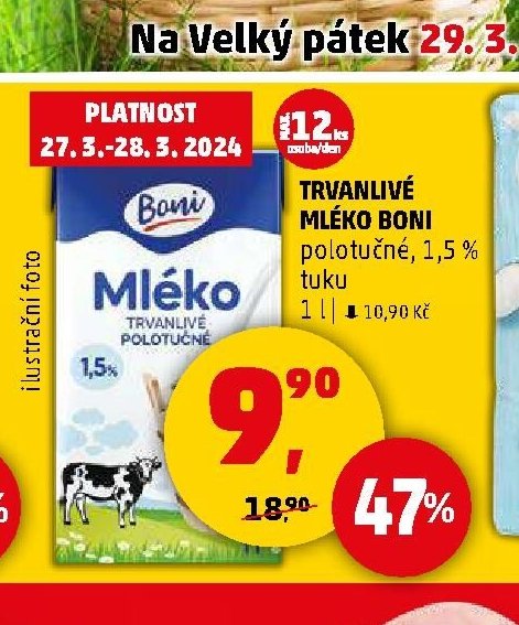 Trvanlivé mléko Boni polotučné 1,5 % tuku