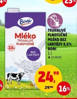 TRVANLIVÉ PLNOTUČNÉ MLÉKO BEZ LAKTÓZY 3,5% BONI 1 l
