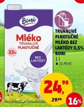 Mléko trvanlivé bez laktózy - 3,5% plnotučné Boni