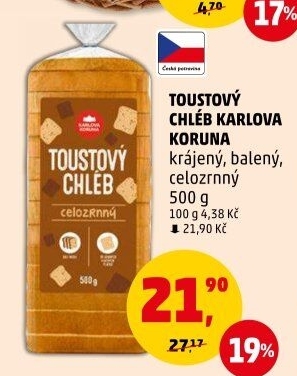 Toustový chléb celozrnný Karlova Koruna