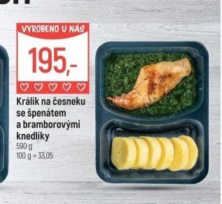 Králík na česneku se špenátem a bramborovými knedlíky