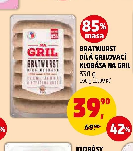 Bratwurst bílá grilovací klobása na gril