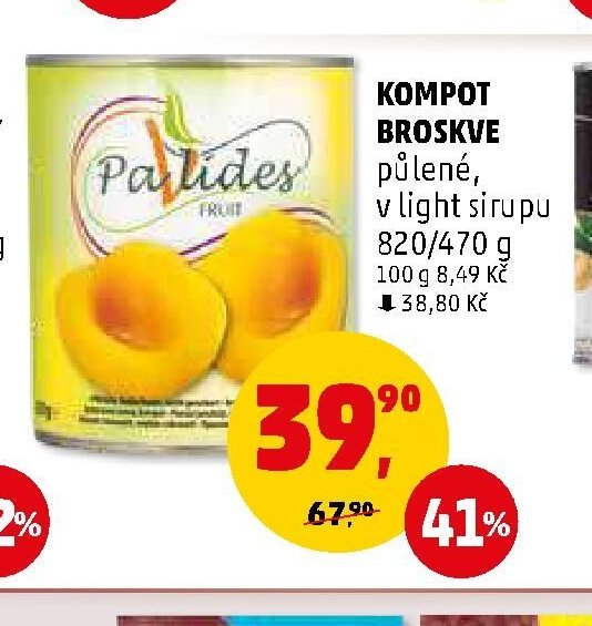 Kompot broskve půlené v light sirupu 820/470 g