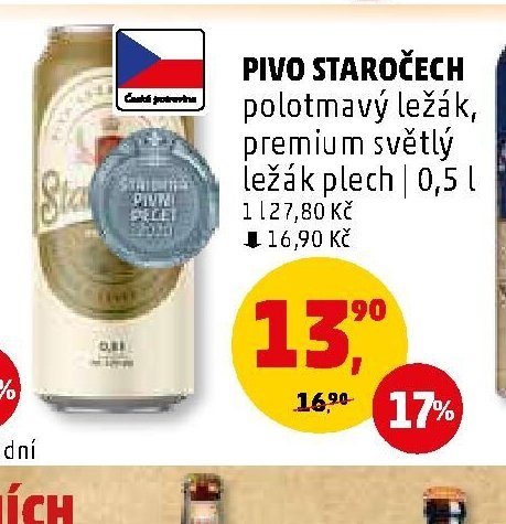 PIVO STAROČECH polotmavý ležák, premium světlý ležák plech 0,5 l