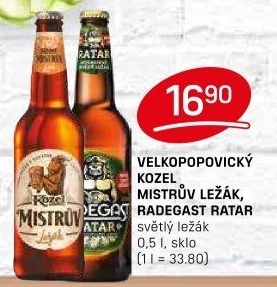 Pivo Mistrův světlý ležák Velkopopovický Kozel