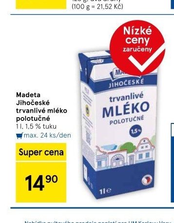 Madeta Jihočeské trvanlivé mléko polotučné