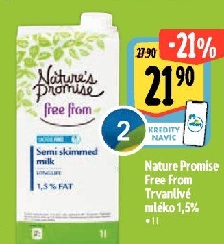 Mléko trvanlivé bez laktózy Free From Nature'