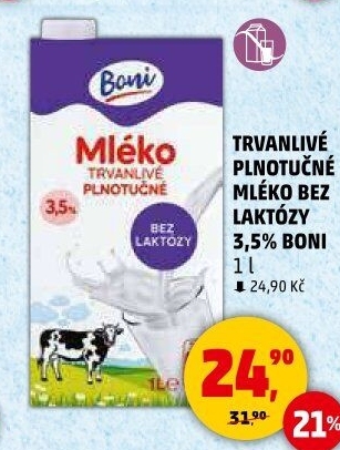 Mléko trvanlivé bez laktózy - 3,5% plnotučné Boni