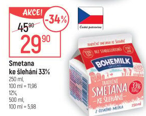 Smetana ke šlehání 33% Bohemilk Opočno