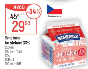 Smetana ke šlehání 33% Bohemilk Opočno