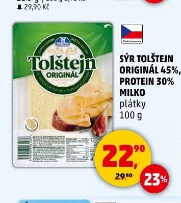 SÝR TOLŠTEJN ORIGINÁL 45%, PROTEIN 30% MILKO plátky 100 g