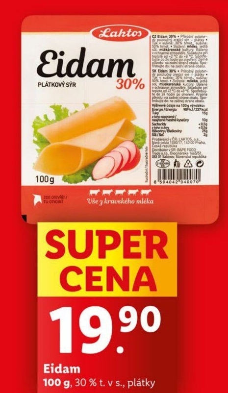 Sýr Eidam 30% Laktos