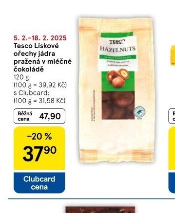 Tesco Lískové ořechy jádra pražená v mléčné čokoládě
