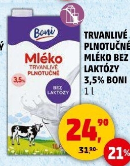 Mléko trvanlivé bez laktózy - 3,5% plnotučné Boni