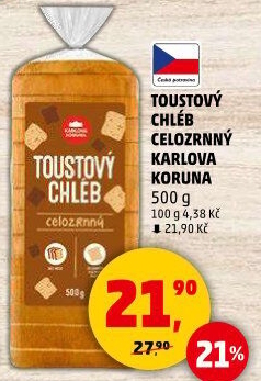 Toustový chléb celozrnný Karlova Koruna