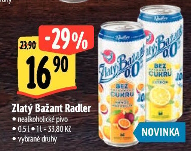 Nealkoholické pivo ochucené Radler Zlatý Bažant