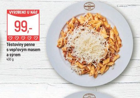Těstoviny penne s vepřovým masem a sýrem