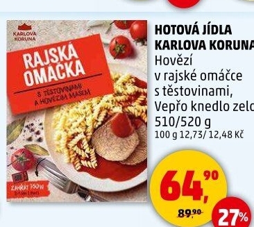 Hovězí v rajské omáčce s těstovinami Karlova Koruna