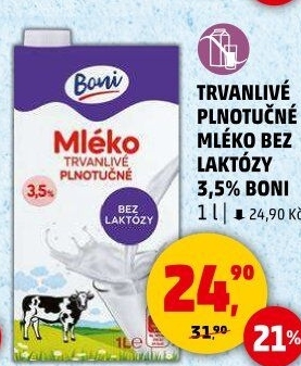 Mléko trvanlivé bez laktózy - 3,5% plnotučné Boni