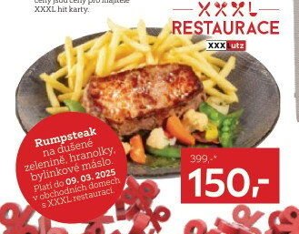Rumpsteak na dušené zelenině, hranolky, bylinkové máslo